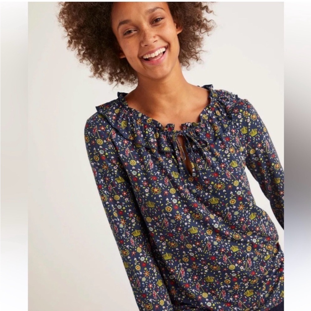 Boden Catriona Crown & Country Union Jack Print Peasant Blouse Shirt Top